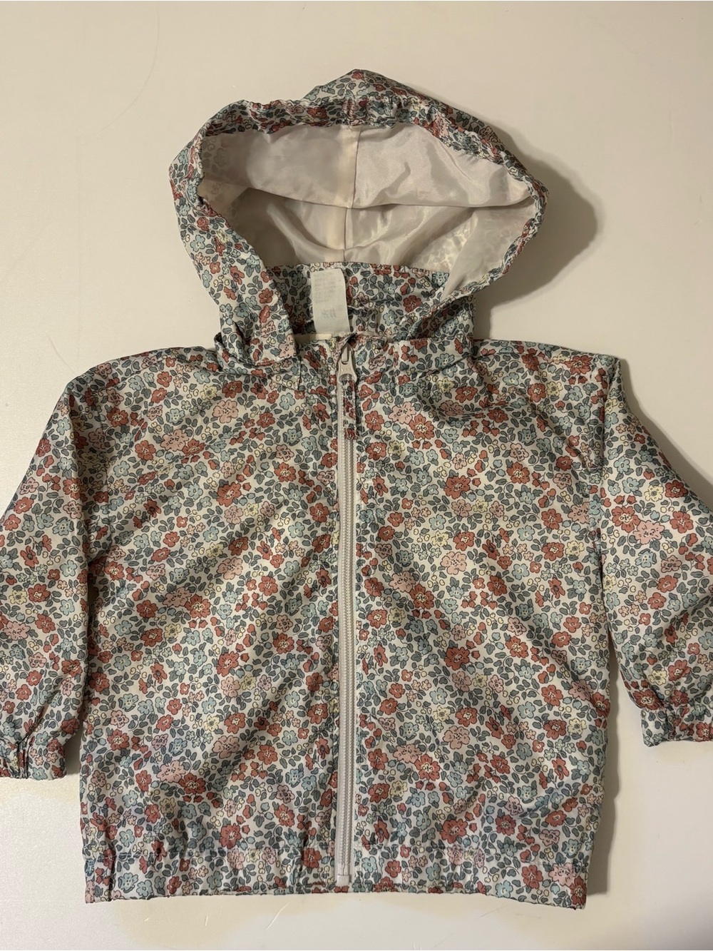 H&M Girls Floral Hooded Raincoat/windbreaker - Cream with Tan & Blue Flowers